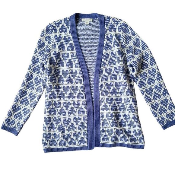 Coldwater Creek Cardigan Sweater Womens PS Blue Knit Heart Pattern Open Front - Picture 1 of 6
